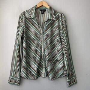 Y2K Button Up Shirt Size Large Green Striped Preppy Academia Office Career Retro